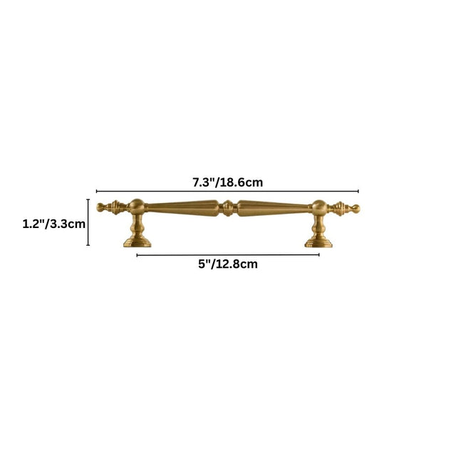 "Brass pull bar handle with a tapered silhouette and intricate classical details, suitable for cabinets or drawers."