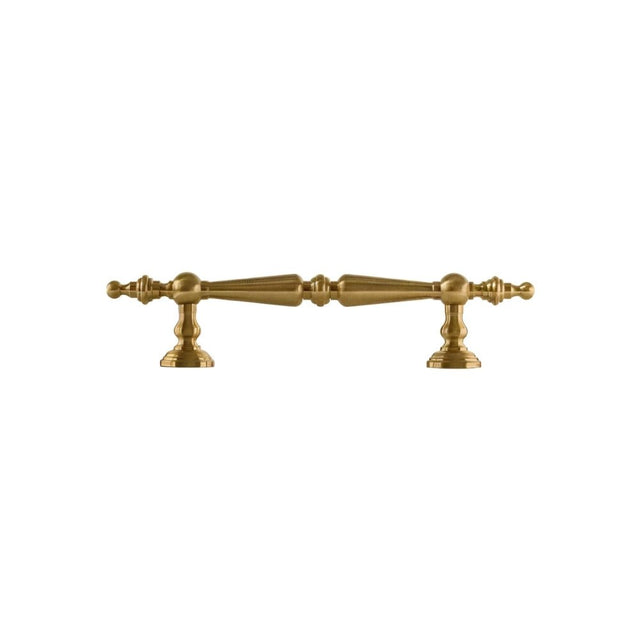 "Ornate brass pull bar handle with a detailed, classic design and a golden finish."