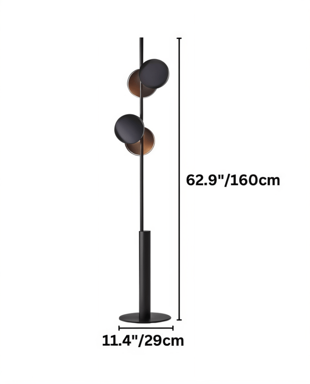 "A diagram showing the dimensions of a floor lamp with multiple circular shades, including height and base width in inches and centimeters."