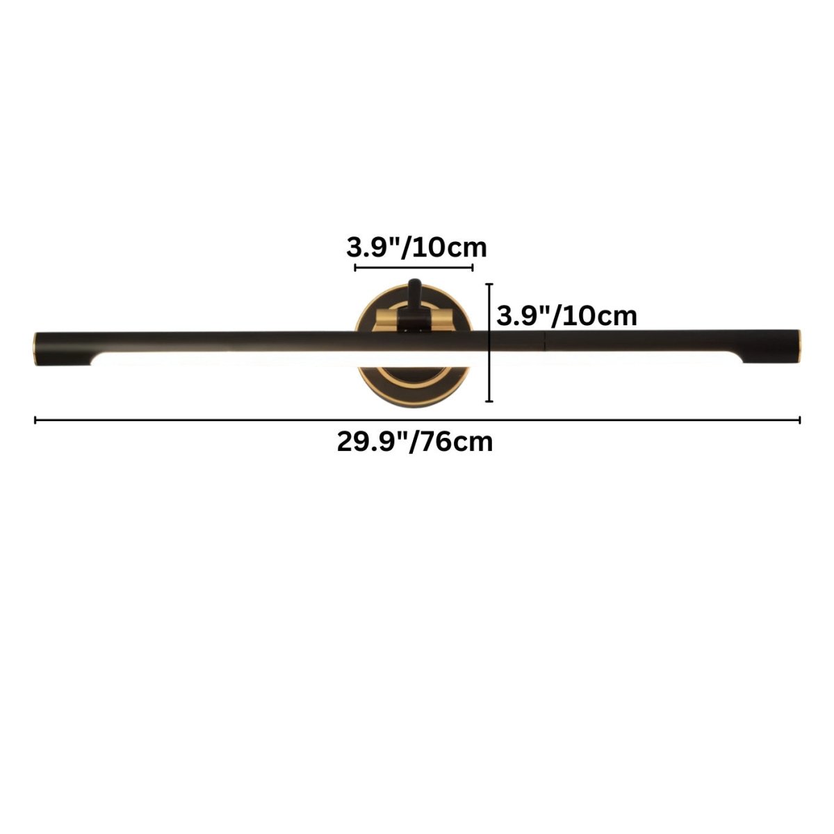 "Dimensions for a bathroom wall lamp, showing overall length of 29.9 inches and extension from the wall of 3.9 inches."