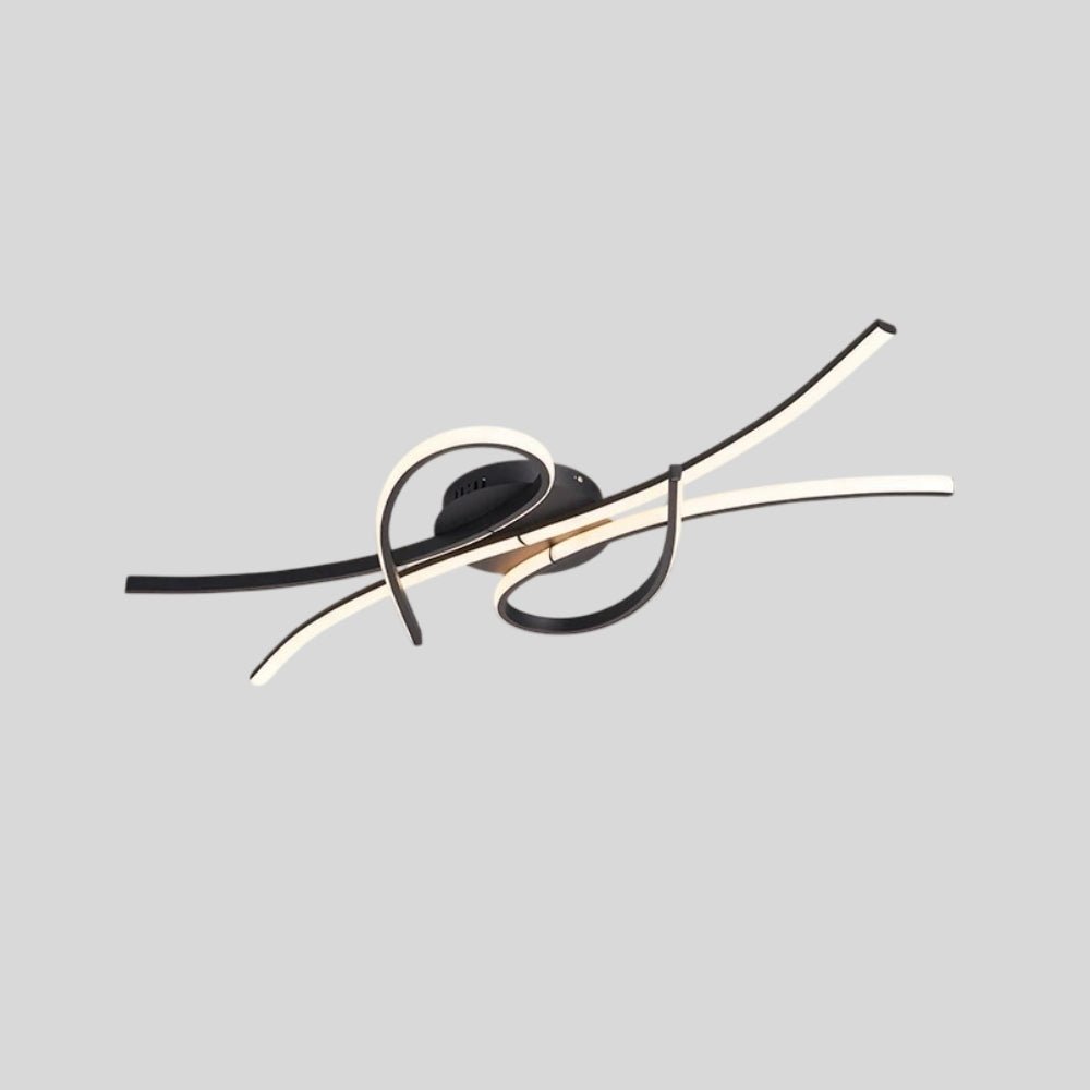 "A modern ceiling light with black and white intertwining LED bars in an abstract, sculptural design, shown on a gray background."