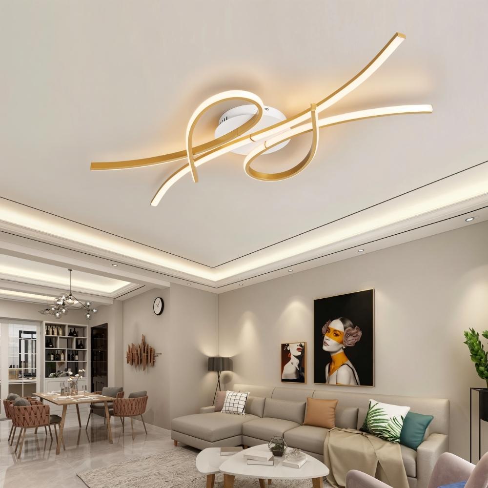 "A modern ceiling light with intertwining LED bars in an open-plan living and dining area with contemporary furniture."