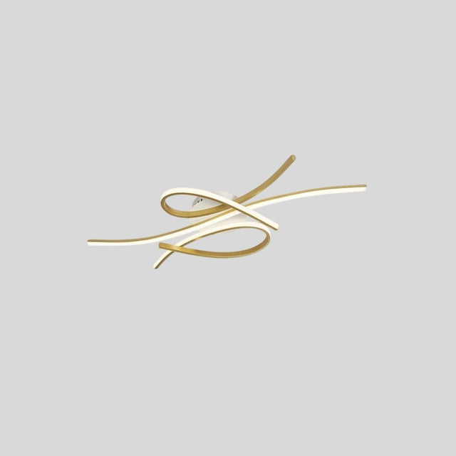 "A modern ceiling light with intertwining LED bars in an abstract, sculptural design, shown on a gray background."