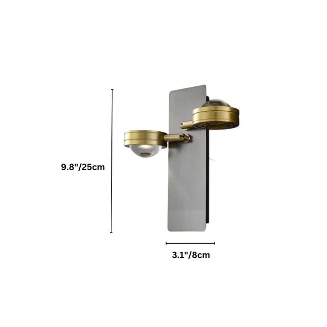 "A modern gunmetal wall lamp with two adjustable lights and glass lenses, showing dimensions of 9.8 inches in height and 3.1 inches in width."