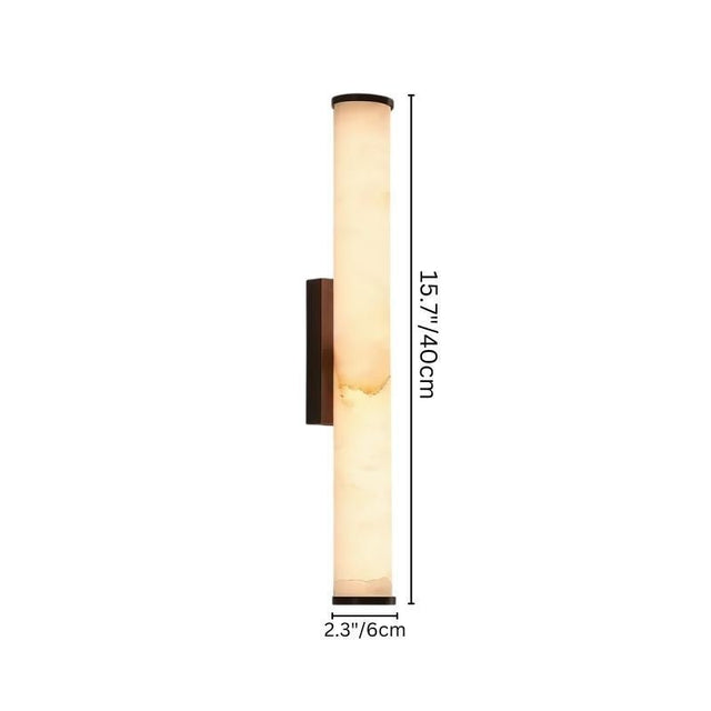 "Dimensions of the Falynis Wall Lamp with alabaster shade: 15.7 inches (40 cm) in height and 2.3 inches (6 cm) in width, featuring a solid brass base for added durability and style."
