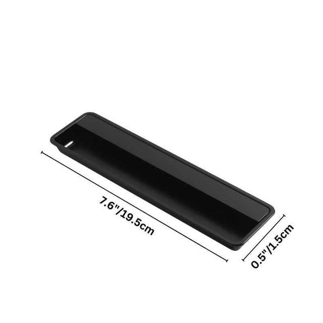 "Dimensions of a 7.6-inch black rectangular recessed drawer pull, showcasing its sleek, minimalist design."