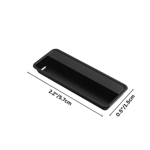 "Dimensions of a black rectangular recessed drawer pull, showcasing its sleek, minimalist design."