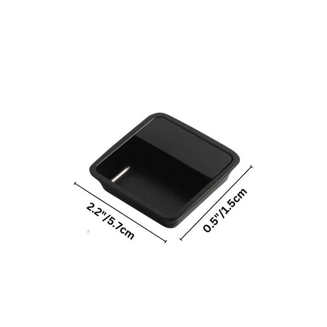 "Dimensions of a black square recessed drawer pull, highlighting its sleek, minimalist design."