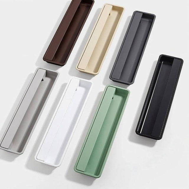 "Rectangular recessed drawer pulls in a variety of colors, made of aluminum alloy, with a minimalist design."