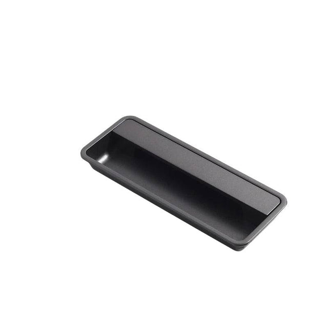 "Dark gray recessed rectangular drawer pull made of aluminum, sleek minimalist design."