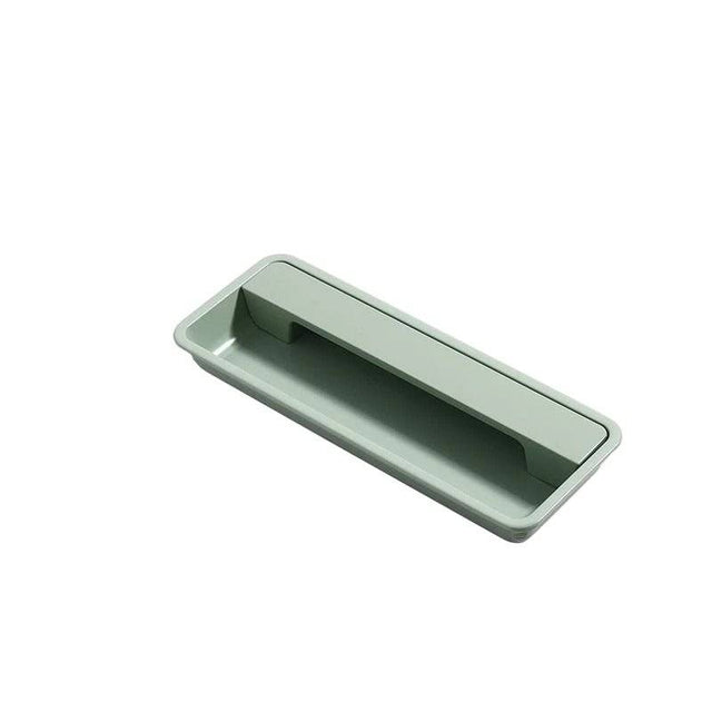 "Green recessed rectangular drawer pull made of aluminum, sleek minimalist design."