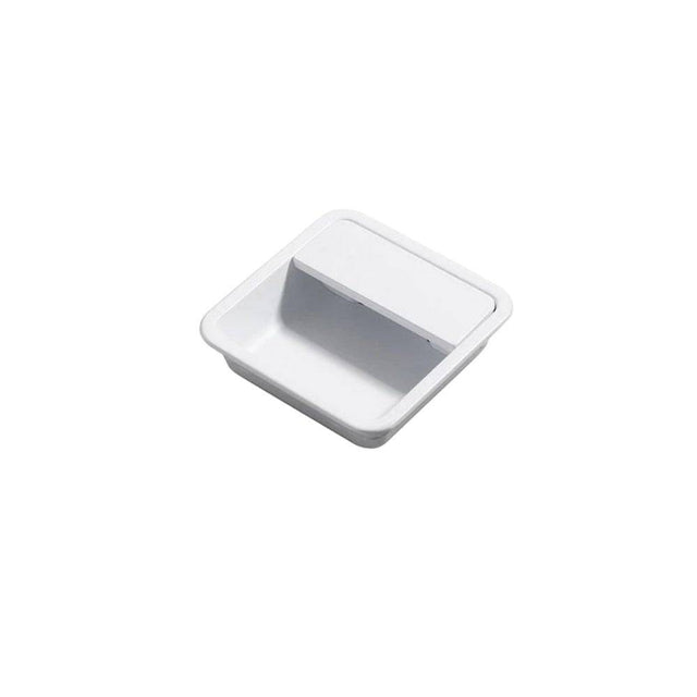 "White aluminum recessed drawer pull with a minimalist design, isolated on a white background."