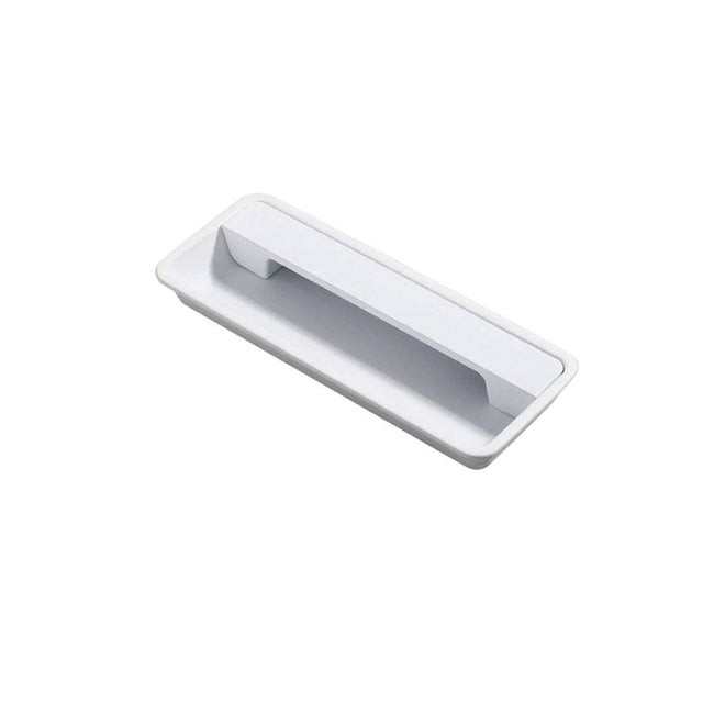 "Long white aluminum recessed drawer pull with a minimalist design, isolated on a white background."