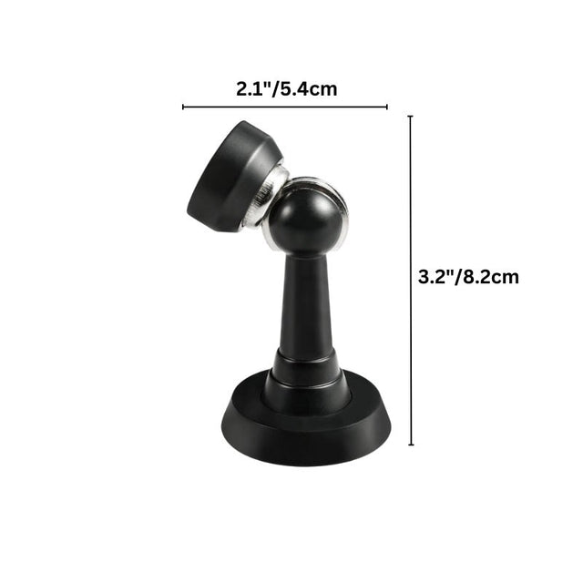 "Black magnetic door stop with dimensions labeled: 2.1 inches wide and 3.2 inches tall."