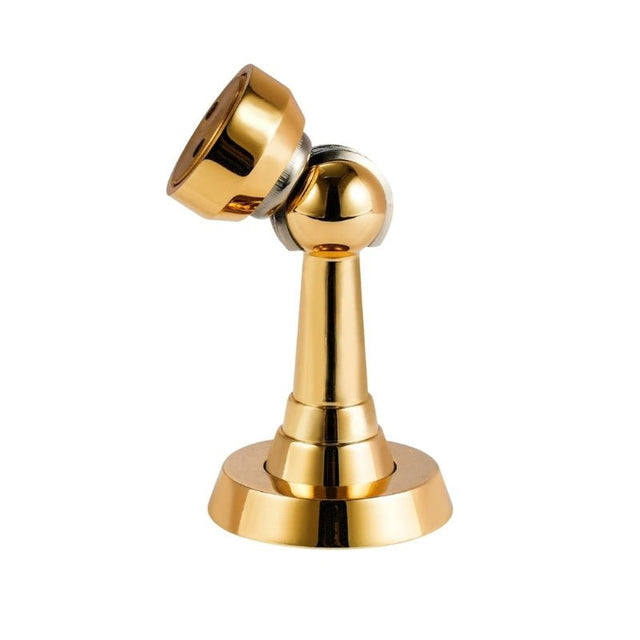 "Gold magnetic door stop with a tilted head, isolated on a white background."