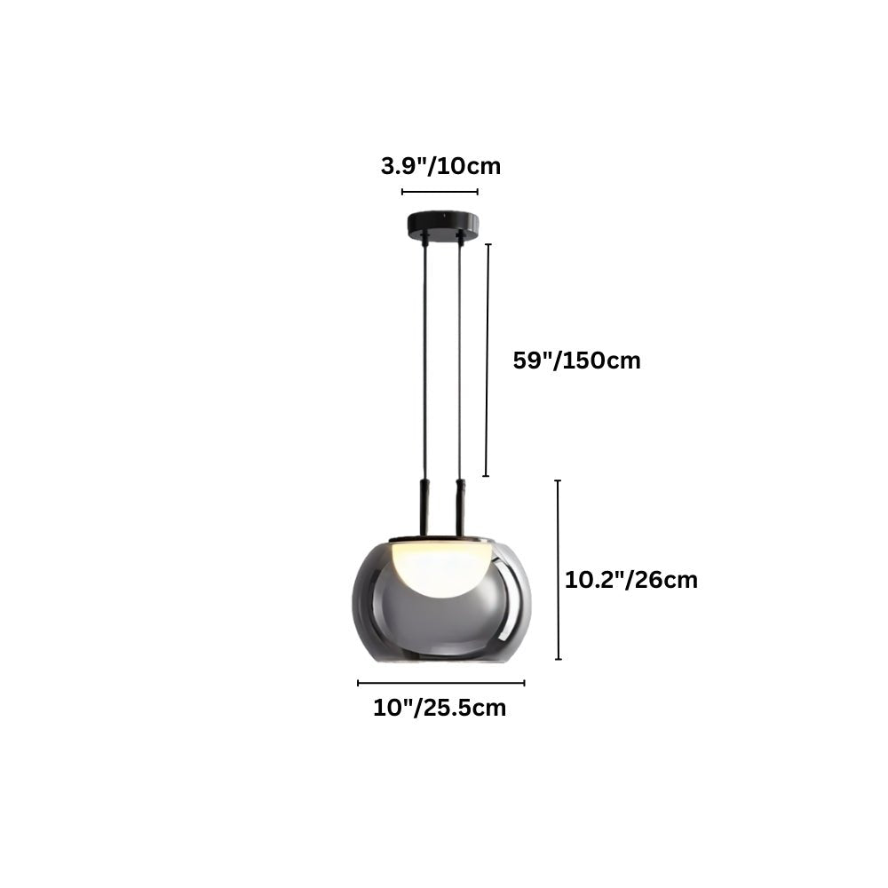 "Smoky grey Filano pendant light with dimensions showing 3.9 inches/10 cm canopy diameter, 59 inches/150 cm overall height, 10.2 inches/26 cm shade height, and 10 inches/25.5 cm shade diameter."