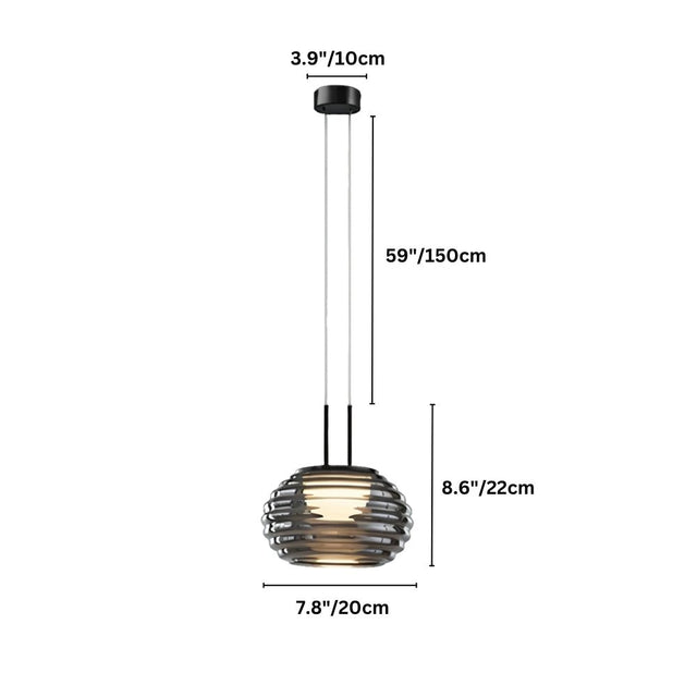 "Smoky grey Filano pendant light with ribbed glass shade and dimensions showing 3.9 inches/10 cm canopy diameter, 59 inches/150 cm overall height, 8.6 inches/22 cm shade height, and 7.8 inches/20 cm shade diameter."