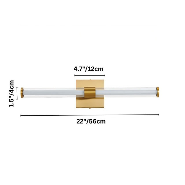 "Dimensions of a brass wall lamp with a clear glass tube shade, measuring 22 inches in length, 4.7 inches in height, and 1.5 inches in depth."