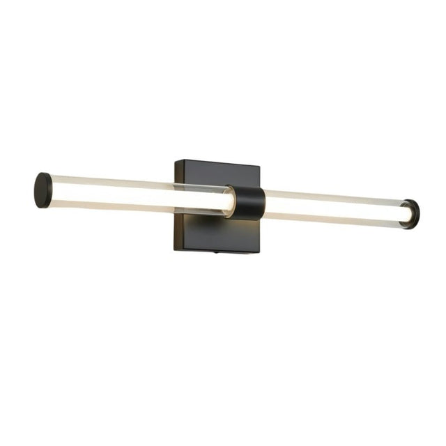 "A modern black wall lamp with a clear glass tube shade, isolated on a white background."