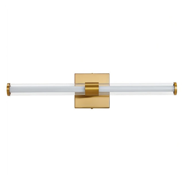 "A modern brass wall lamp with a clear glass tube shade, isolated on a white background."