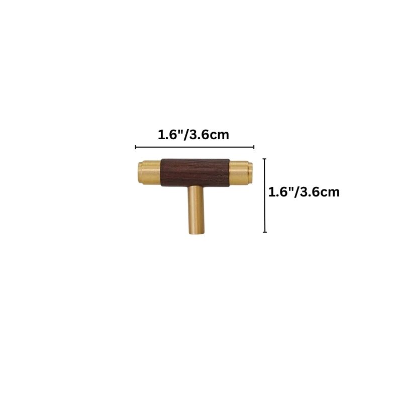 "Dimensions of a modern wood and brass knob with cylindrical brass caps and a rich wooden core."