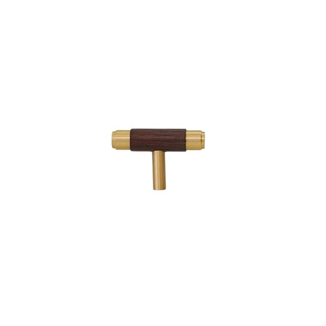 "Modern wood and brass knob with cylindrical brass caps and a rich wooden core, isolated on a white background."
