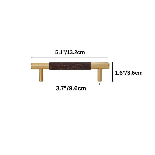 "Dimensions of a small modern wood and brass pull bar with cylindrical brass caps and a rich wooden core."