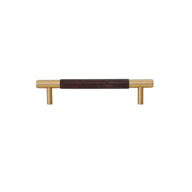 "Modern wood and brass pull bar with a rich wooden core and cylindrical brass caps, isolated on a white background."