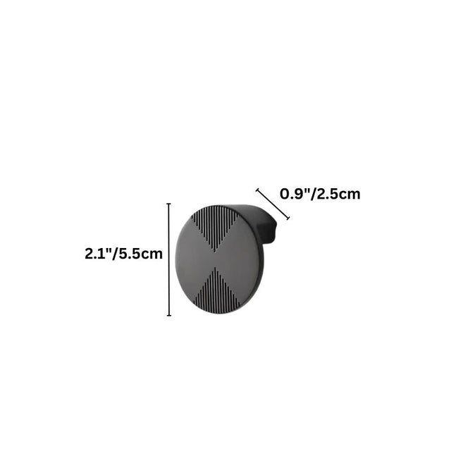 "Dimensions of a gunmetal geometric cabinet knob with etched detailing."