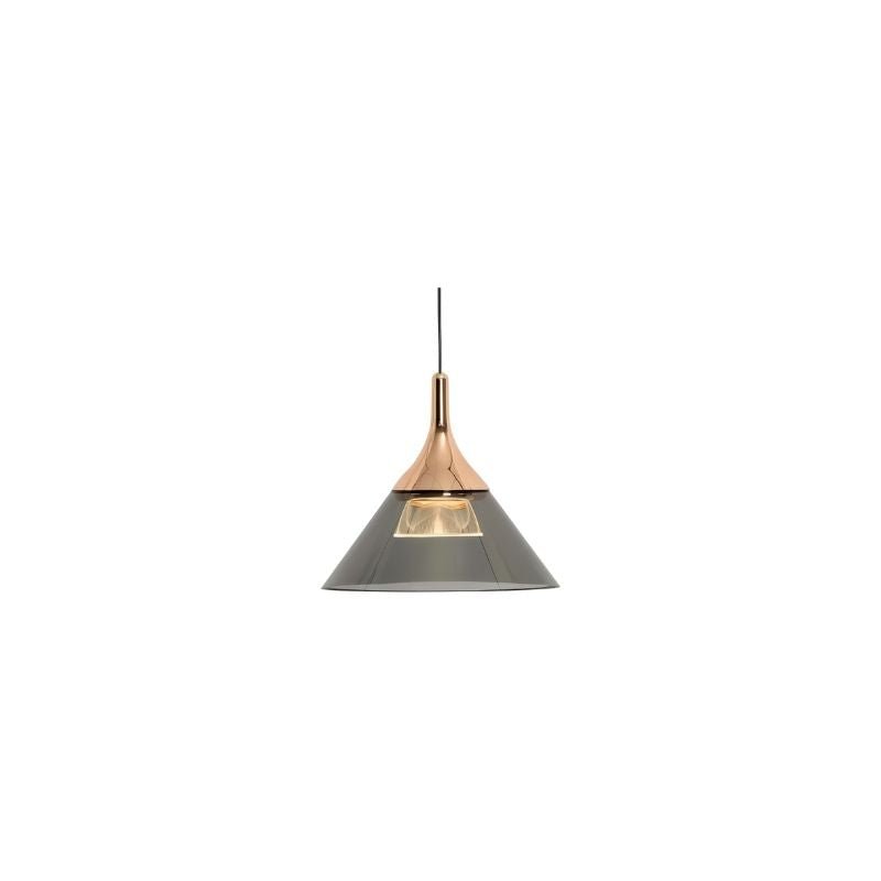 "A modern pendant light with a conical gray shade and copper top, suspended by a thin black cord against a white background."