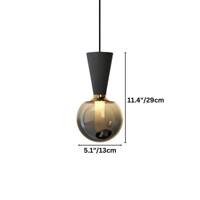 "Dimensions of a modern pendant light with a concrete cone-shaped top, metal accent, and smoky glass orb: 11.4 inches in height and 5.1 inches in diameter."