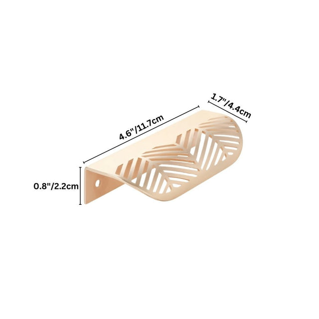 "Isometric view of a gold leaf-shaped drawer pull showing its dimensions."