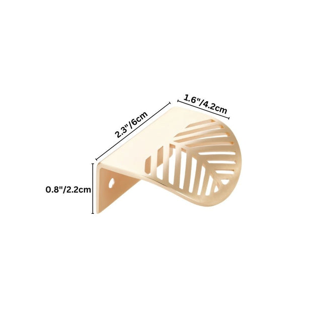 "Dimensions of a gold leaf-shaped drawer pull with callouts for height, width, and depth."
