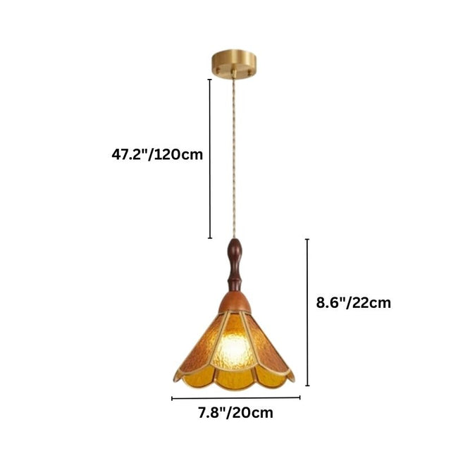 "Dimensions diagram of a handcrafted pendant light with amber stained glass panels and a copper framework, showing measurements."