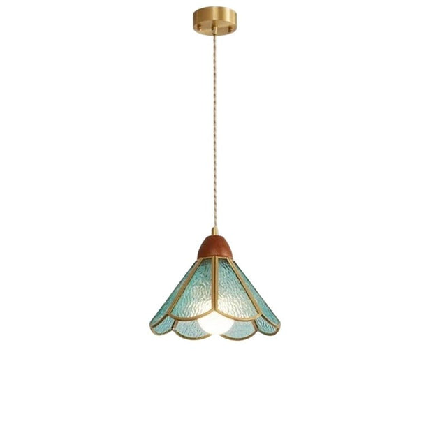 "Handcrafted pendant light with blue stained glass panels and a copper framework, emitting a soft, ambient glow."