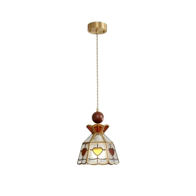 "Handcrafted pendant light with heart-patterned stained glass panels and a copper framework, adding a touch of vintage elegance."