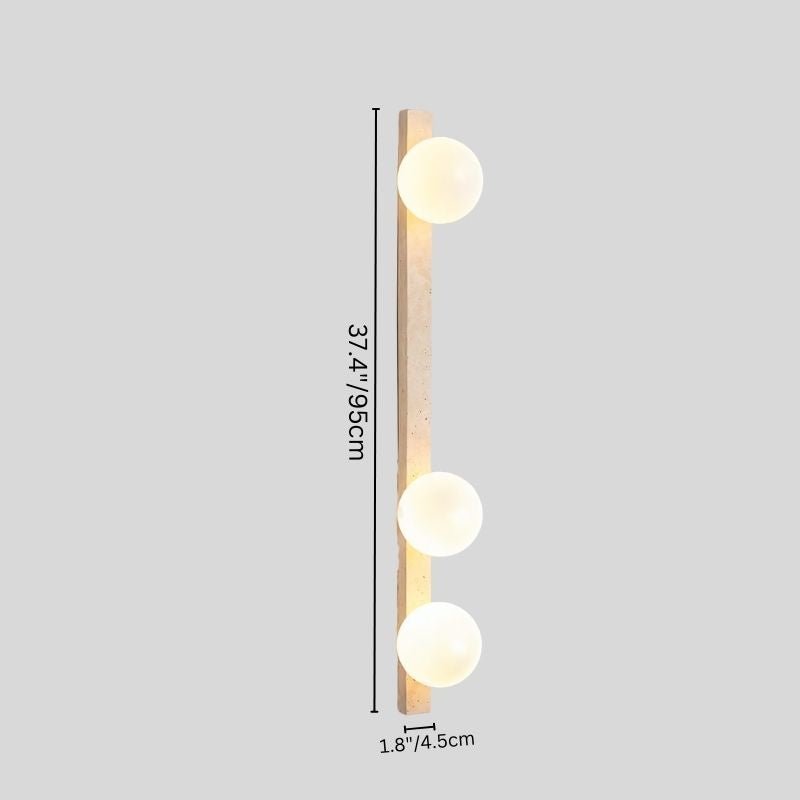 "Tall travertine wall lamp with three frosted glass globes and dimensions of 95cm height and 4.5cm width"