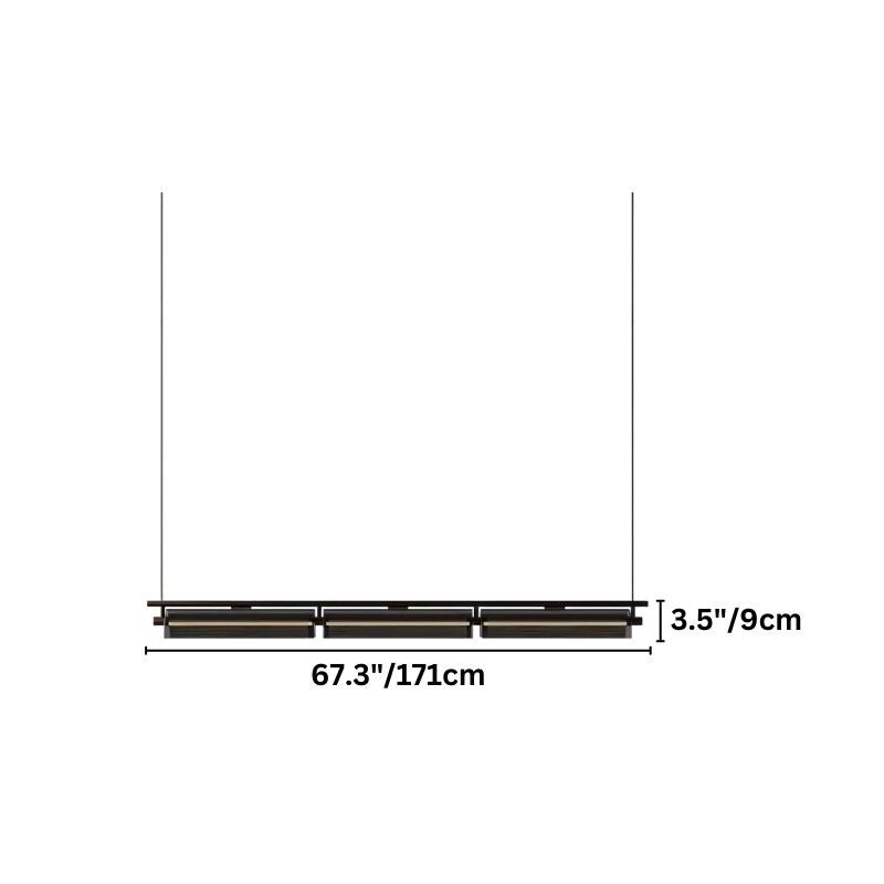 "Diagram showing the dimensions of a three-head linear pendant light with a 67-inch length and measurements in inches and centimeters."