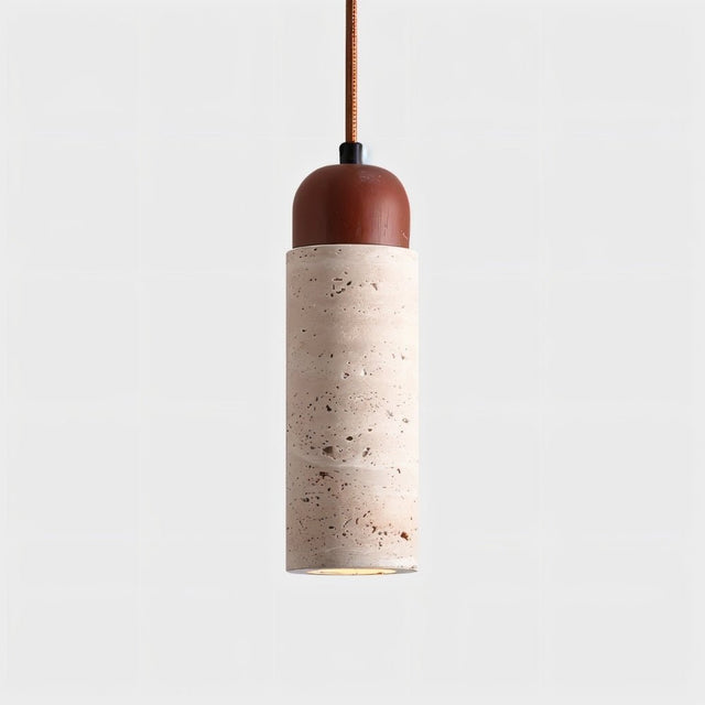 "Cylindrical travertine Gilto pendant light with a wooden top, isolated on a white background."