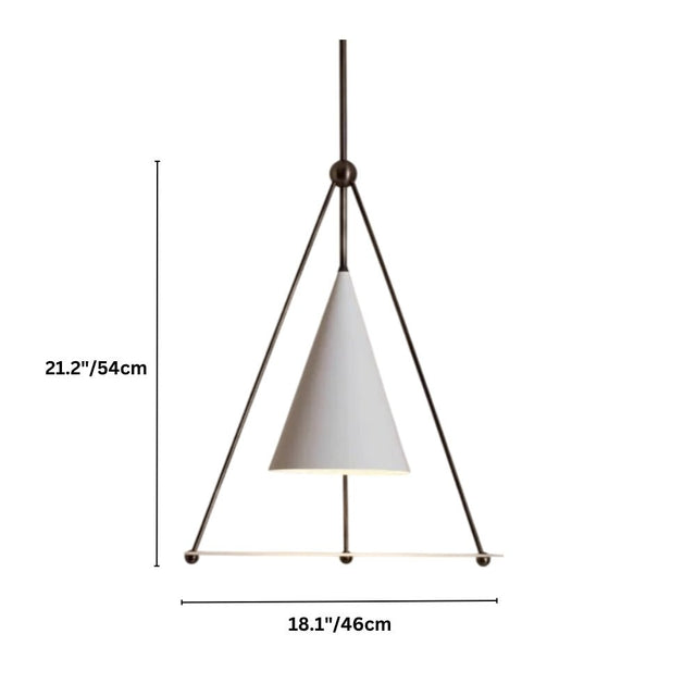 "Dimensions, 21.2 inches height and 18.1 inches width, of a modern white pendant light with a cone shade and frosted glass disc."