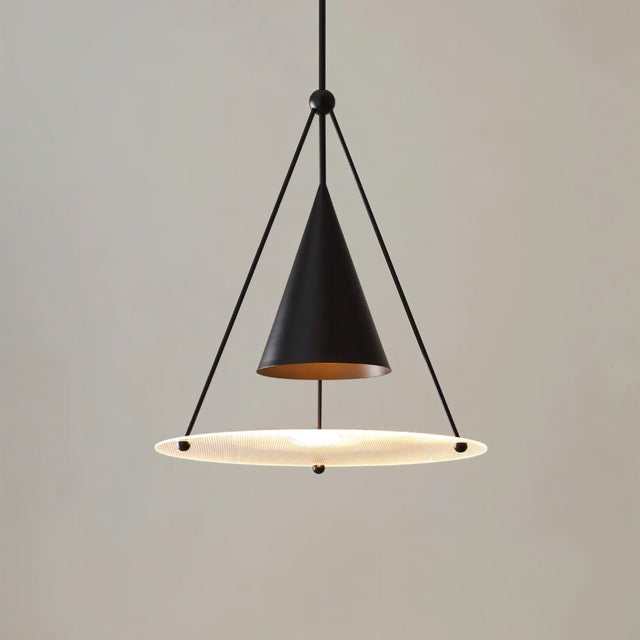 "A modern black pendant light with a cone shade and lit frosted glass disc."