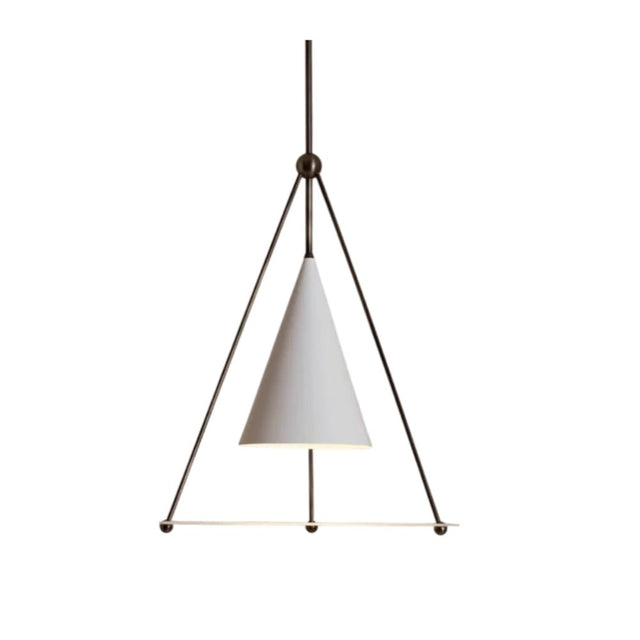 "A modern white pendant light with a cone shade and frosted glass disc, isolated on a white background."