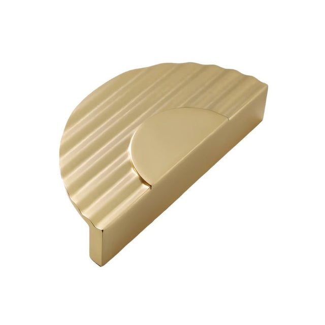 "Gold semi-circular drawer pull with ridged texture, made of zinc alloy."
