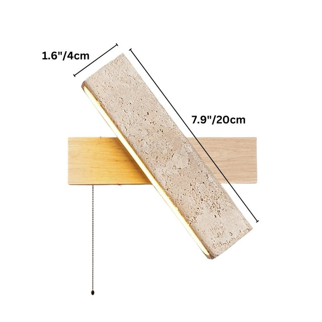 "Dimensions of a modern wall lamp with an angled yellow travertine shade and a light wood rectangular base: 7.9 inches in length and 1.6 inches in width."