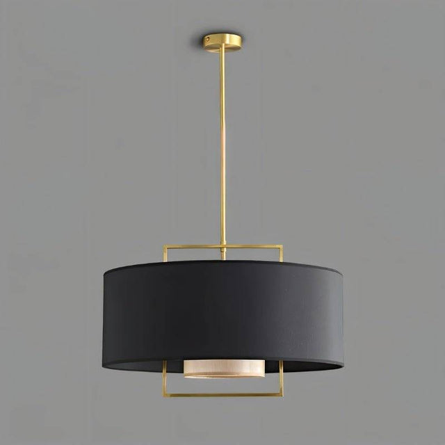 "A black pendant light with a gold frame, isolated on a grey background."