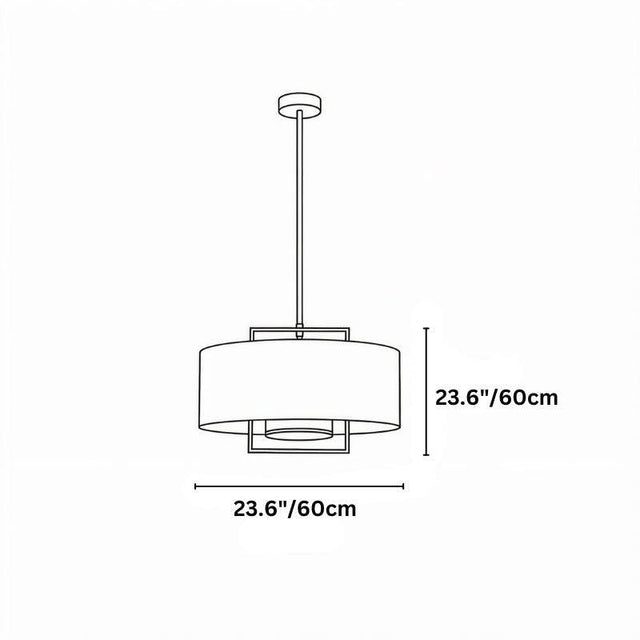 "Dimensions, 23.6 inches height and width, of a black pendant light with a gold frame."