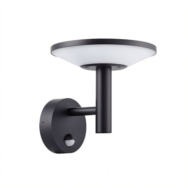 "A sleek, black, circular outdoor wall lamp with a motion sensor and a white diffuser."