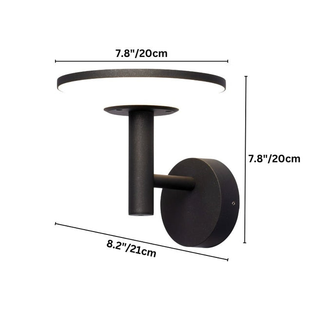 "A modern LED outdoor wall lamp with a circular design and motion sensor, shown with dimensions on a white background."