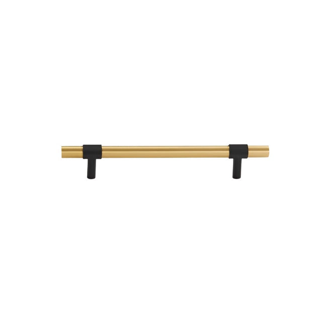 "Modern brushed gold and black pull bar with knurled accents, suitable for cabinets or drawers."