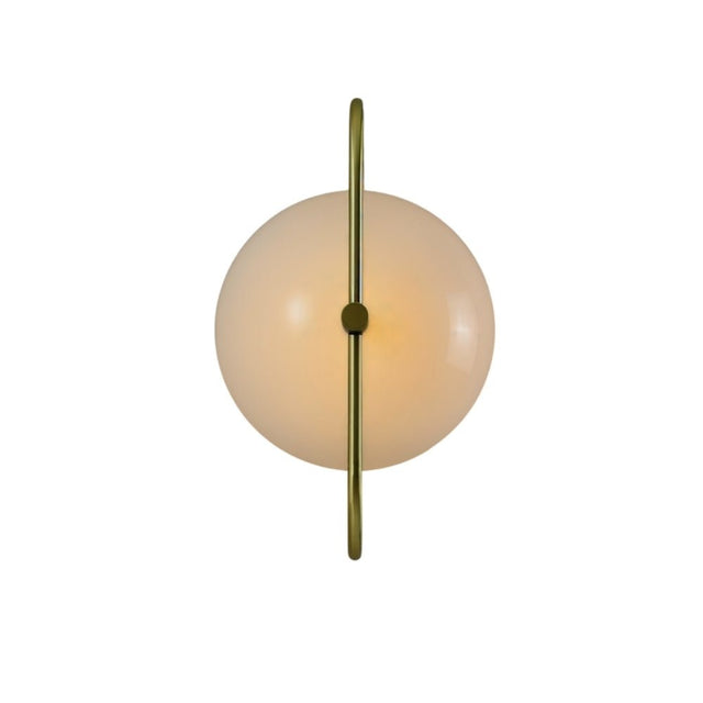 "Symmetrical wall lamp with a brass frame and a frosted glass globe, providing warm, diffused lighting."